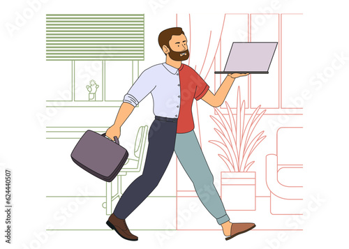 A business man at a hybrid work, in hybrid clothes, a formal suit and home clothes with a laptop in his hands against the backdrop of a working office and a homely cozy atmosphere. Vector