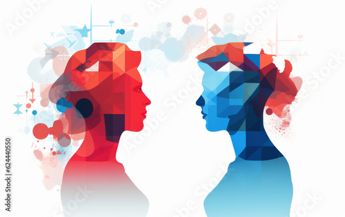 Flat design of two people facing each others with ideas in their heads , team working or brainstorming illustration concept