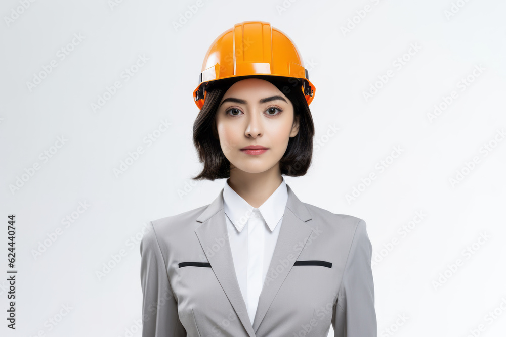 Businesswoman with an orange hard-cap on the head isolated on white background Businesswoman with an orange hard-cap on the head isolated on white background