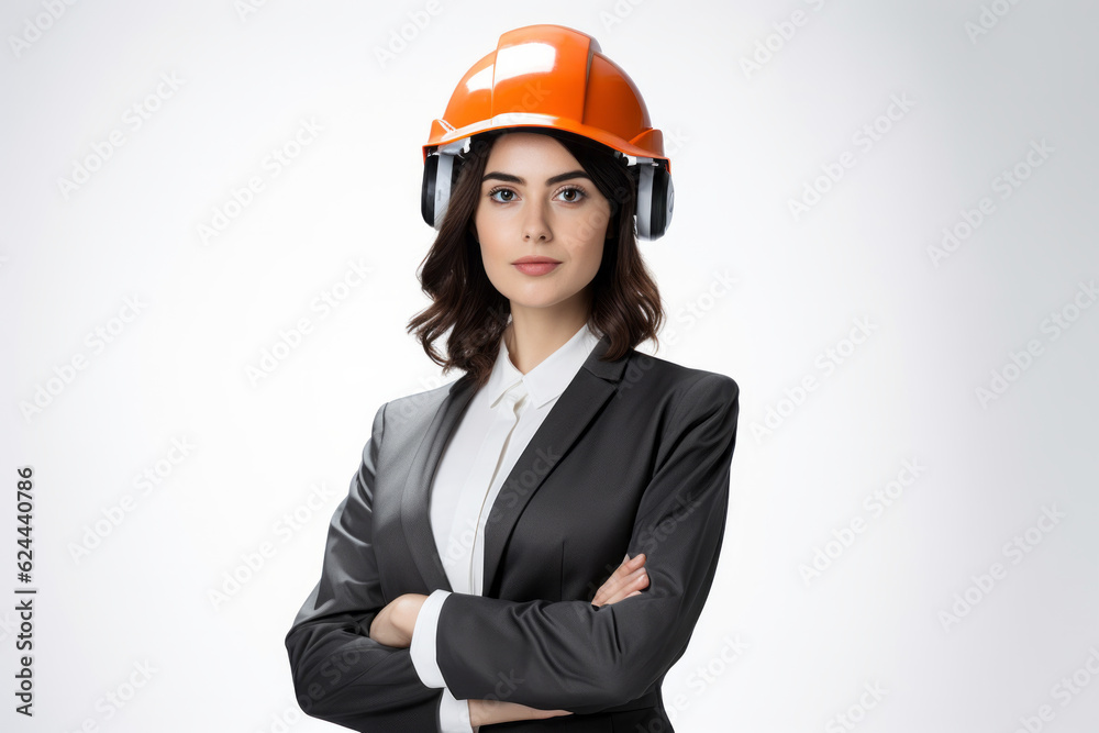 Businesswoman with an orange hard-cap on the head isolated on white background Businesswoman with an orange hard-cap on the head isolated on white background