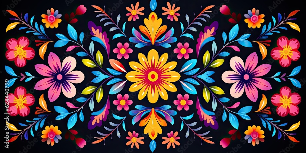 Enchanting Fiesta: Mexican Flower Traditional Pattern Mexican Embroidery Generative Ai Digital Illustration