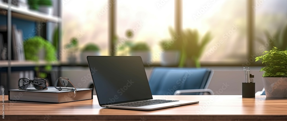 Professional workspace with laptop, desk, and shelves in home office interior design blur background Professional workspace with laptop, desk, and shelves in home office interior design blur background