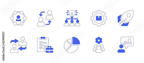 Business management icon set. Duotone style line stroke and bold. Vector illustration. Containing team, exchange, idea, supply chain management, rocket, checklist, data management, group, salesman.