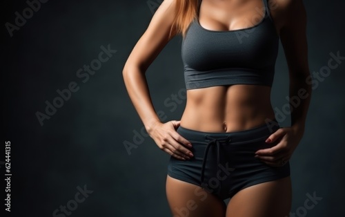 A woman showing her slim waist. Beautiful slim woman body in sportswear. copy space. AI Generative © Tisha