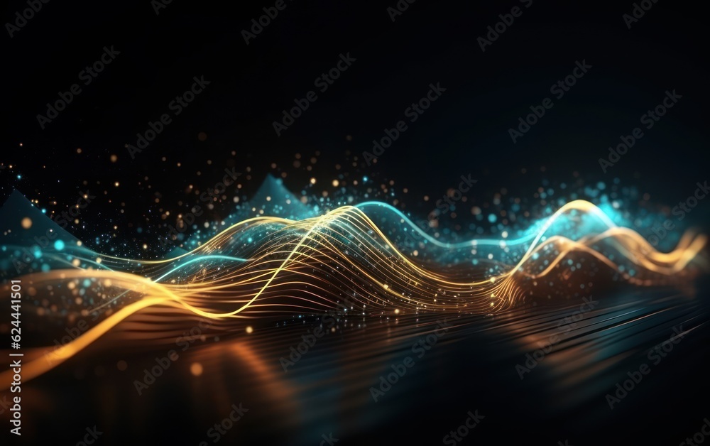 abstract futuristic background with Gold blue glowing neon moving high speed wave lines. AI Generative