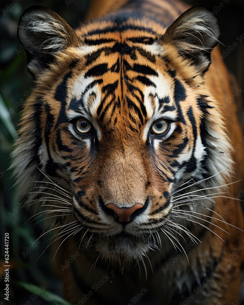 Naklejka premium The tiger's face in close-up with a blurry background. (Generative AI)