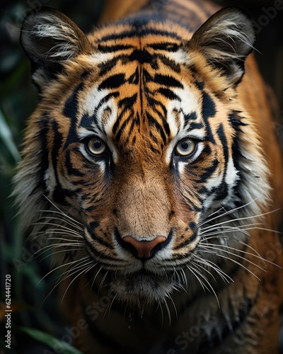 The tiger's face in close-up with a blurry background. (Generative AI) © HandmadePictures