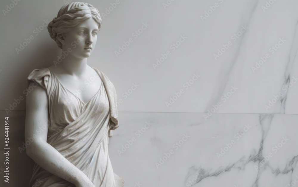 Ancient marble statue of a young woman near empty wal. AI Generative