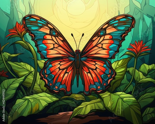 A vibrant butterfly perches on a lush green leaf.  Generative AI 