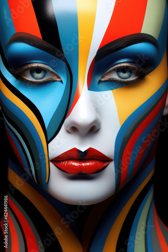 Face of a young female with creative body art. Colorful mosaic of triangles and geometry on the face of a woman, on black background.