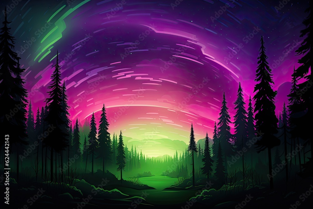 Trees below, aurora lights shine brightly in night sky. (Generative AI)