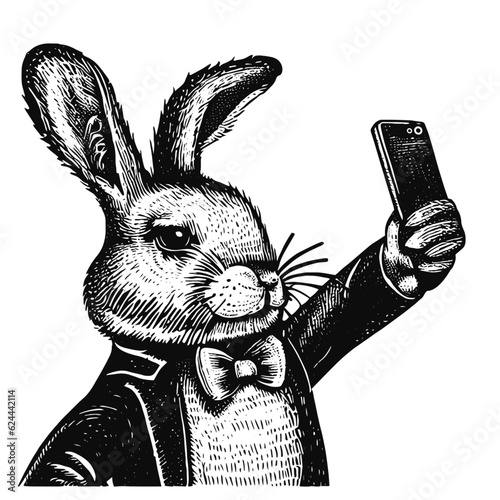 rabbit wearing a suit and taking a selfie vintage sketch