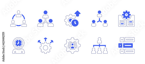 Business management icon set. Duotone style line stroke and bold. Vector illustration. Containing network, productivity, guide, busy, decision making, team, management, tasks.