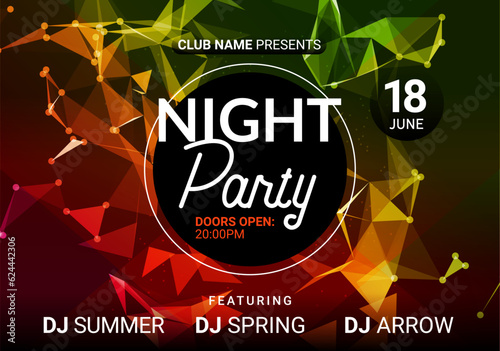 Dance music night poster background. Night club music concert DJ flyer vector design glow abstract banner event show techno electro house