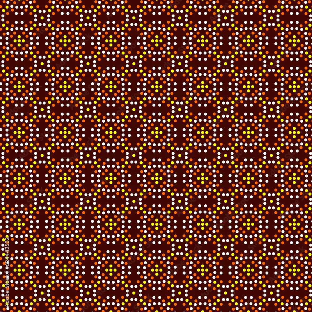 Abstract geometric small white yellow polka dot checkered pattern Brown background