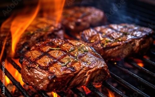 Close-up of grilling steaks of meat on barbecue with open flames. Backyard BBQ. AI Generative