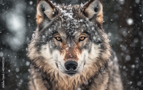 Close-up of wolf with snow on face in the winte. AI Generative