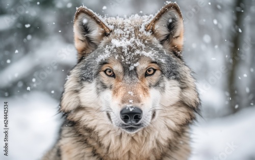 Close-up of wolf with snow on face in the winte. AI Generative © Tisha