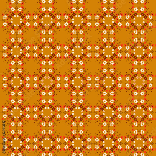 Cute delicate summer botanical checkered pattern White daisies and small wild flowers isolated on yellow orange background