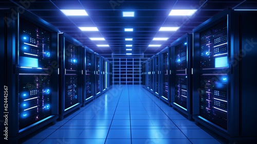 A high-tech data center  dark blue hues and glowing server lights. The pulsating life of data storage  management  and digital information flow in the modern connected world. Generative AI