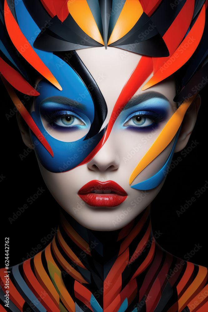 Face of a young female with creative body art. Colorful mosaic of triangles and geometry on the face of a woman, on black background.