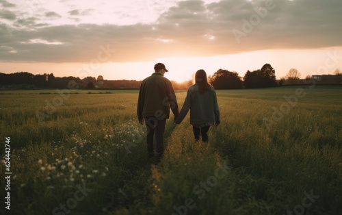 Couple holding hands in a green field at sunset. AI Generative © Tisha
