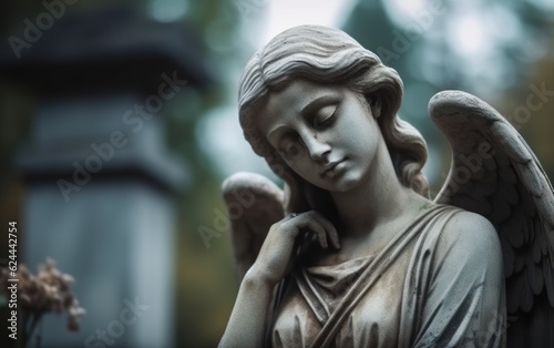 Crying holy female angel standing statue  in the background an old cemetery. AI Generative