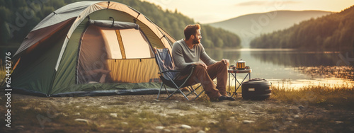 Young man sits near camping tent on the shore of lake with view of the mountains and forest, symbolizing the harmonious balance of nature. Family vacation concept in the wild. Generative Ai content.