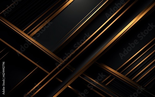 Dark deep black dynamic abstract background with golden diagonal lines. AI Generative