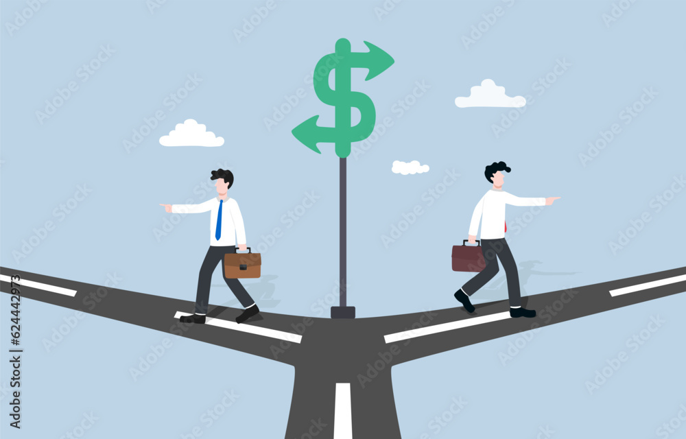 Fototapeta premium Different directions or opinions in investment, business conflict between venture capitalists concept, Two businessmen walking in different paths to make money. 