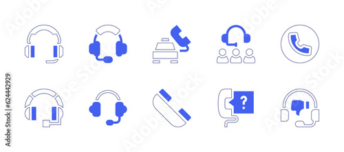 Call center icon set. Duotone style line stroke and bold. Vector illustration. Containing headset, call, group, telephone, question, bad review.