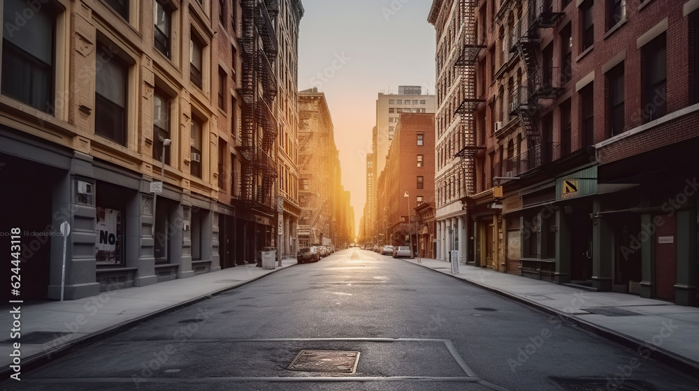 Empty street at sunset time in SoHo district, New York. Generative AI - obrazy, fototapety, plakaty 