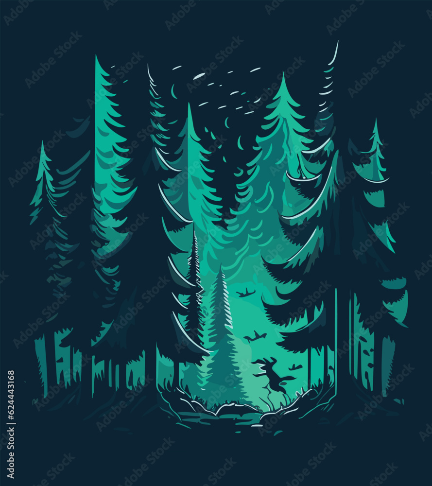 Obraz premium A pine forest landscape ,magic, t-shirt design, vibrant pale green colors