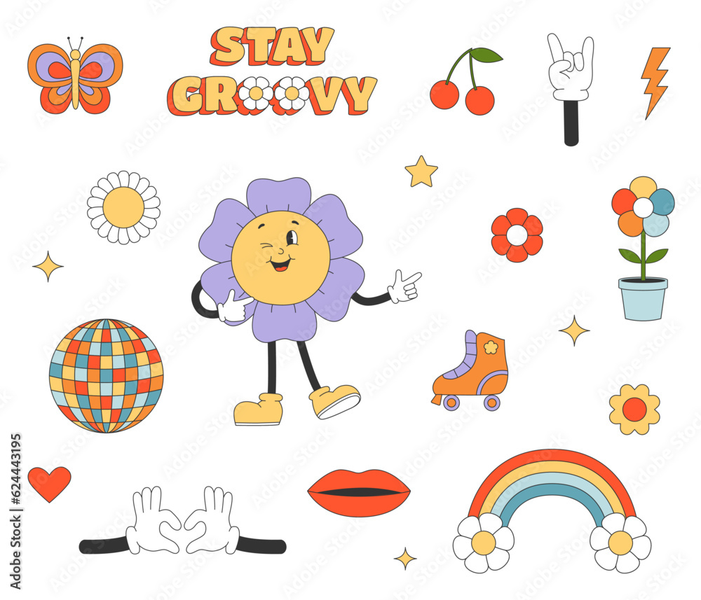 Fototapeta premium Set of cartoon elements in y2k groovy style. Flowers, roller skate, lips, rainbow. Sticker pack in trendy retro style.