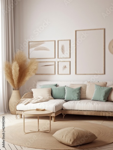 Empy frame in living room interior background, Coastal boho style. AI Generative