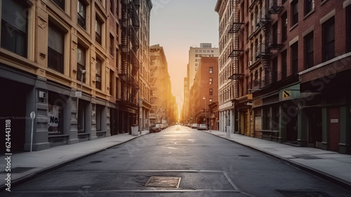 Empty street at sunset time in SoHo district, New York. Generative AI