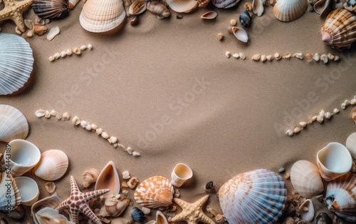 frame of seashells on the beach. AI Generative © Tisha