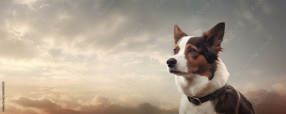 Banner with free copy space for text - cute dog on the field with sky background. Banner with free copy space for text - cute dog on the field with sky background.