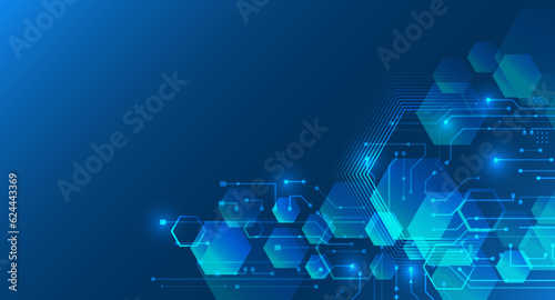 Abstract hexagons on the blue background. Hi-tech digital technology and engineering concept. Digital template with polygons for medical and science banners or presentations.