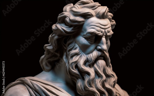 Head of greek god sculpture, statue of a man with long beard on dark background. AI Generative