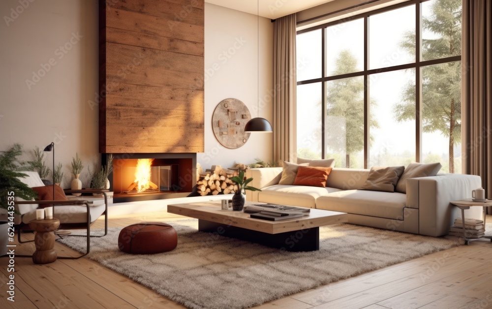 Interior of a farmhouse living room with fireplace. Light modern interior design. AI Generative
