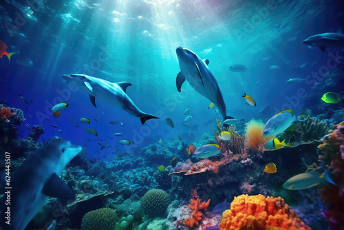 Tableau sur toile Dolphins and a reef undersea environment