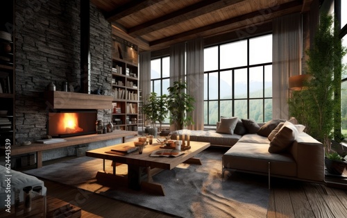 Interior of a farmhouse living room with fireplace. Light modern interior design. AI Generative © Tisha