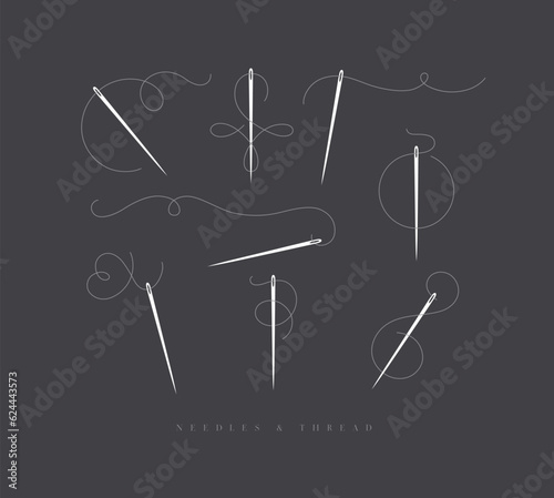 Needles and curly threads in different positions drawing on brown background