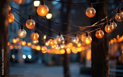 Light garland on the street at daylight. Decoration of the street with vintage. AI Generative
