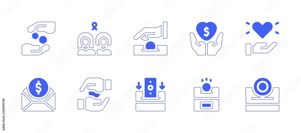Charity icon set. Duotone style line stroke and bold. Vector illustration. Containing charity, women, heart, subsidy, hands, deposit, money box, donation.