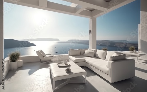 Luxury apartment terrace Santorini Interior of modern living room sofa or couch. AI Generative © Tisha