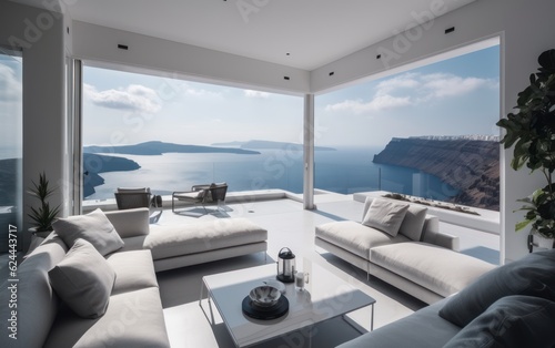 Luxury apartment terrace Santorini Interior of modern living room sofa or couch. AI Generative