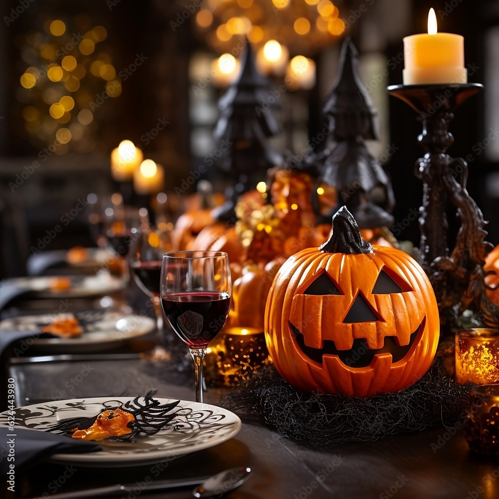 halloween pumpkin and candles on a festive decorated table