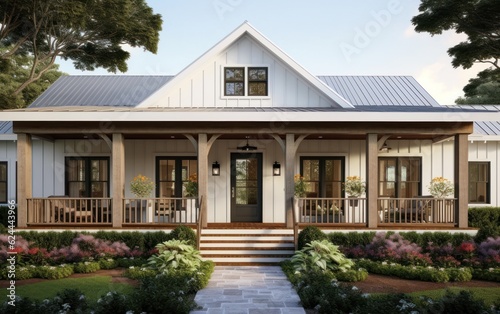 Modern farmhouse cottage front porch with flower garden surrounding. AI Generative